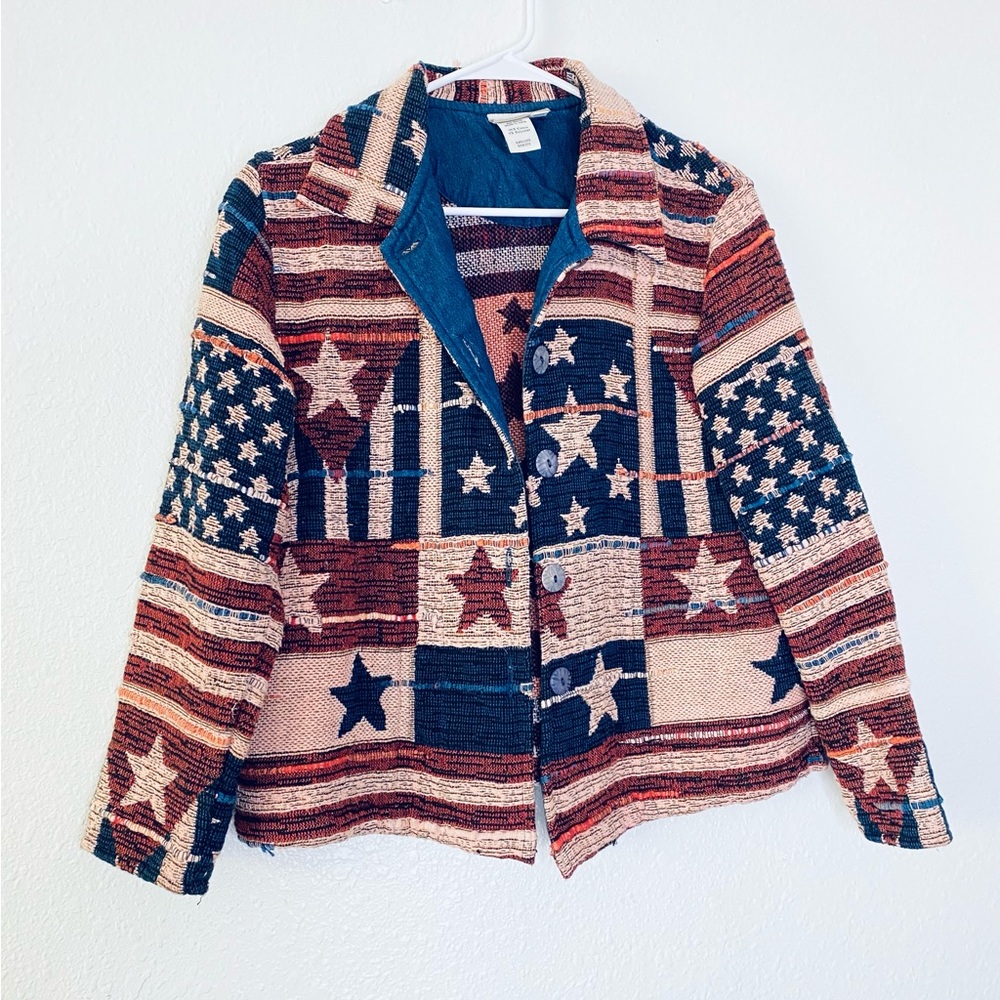 Coldwater Creek Patriotic Stars Stripped Woven Tapestry Jacket Petite Medium
